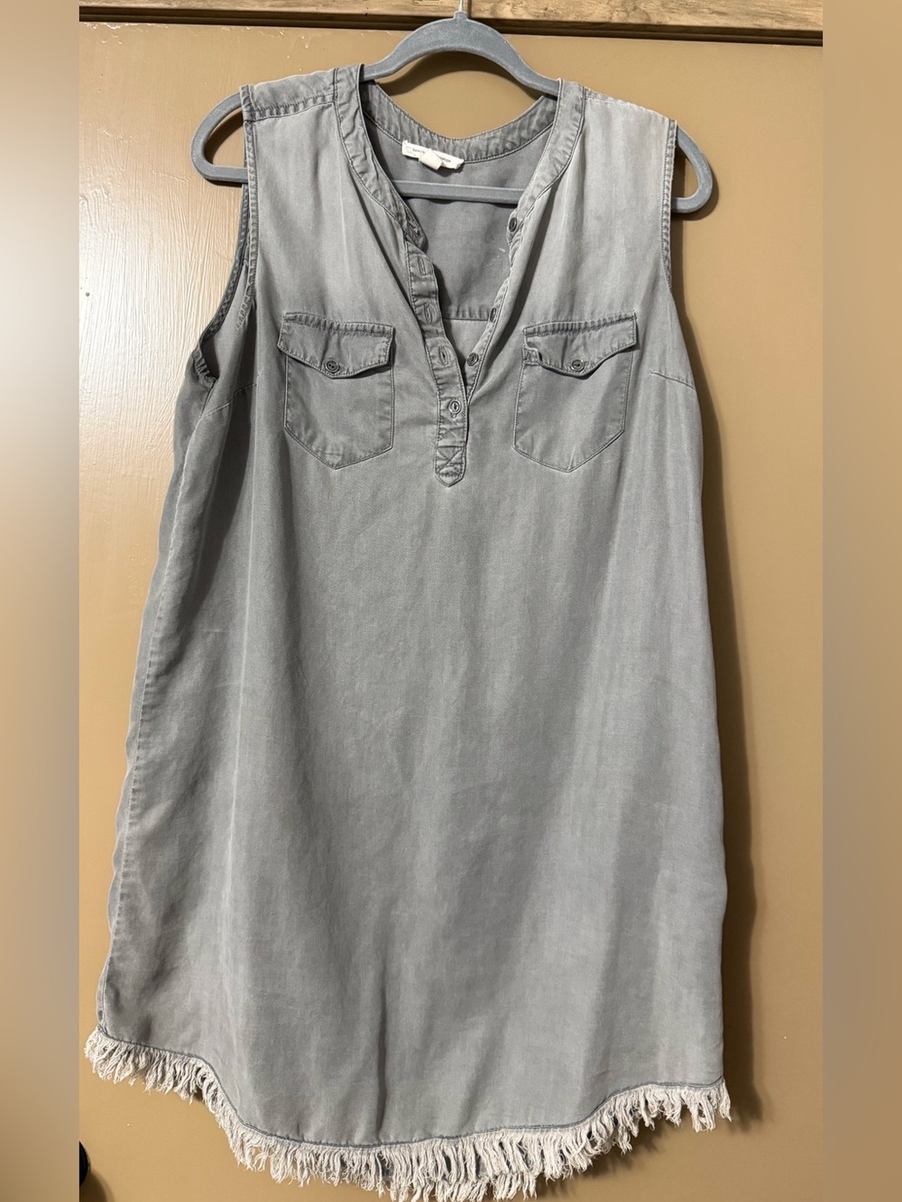 beachlunchlounge Sleeveless Fringed Hem Shift Dress in Light Gray